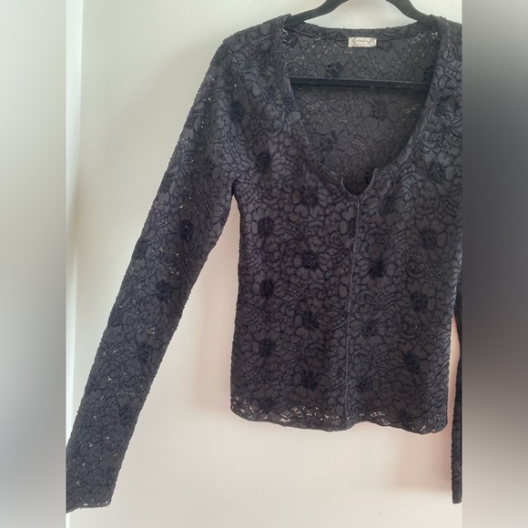 Free People Intimately Black Cloud Ride Notch Lace Long Sleeve Top Size M - Picture 9 of 12